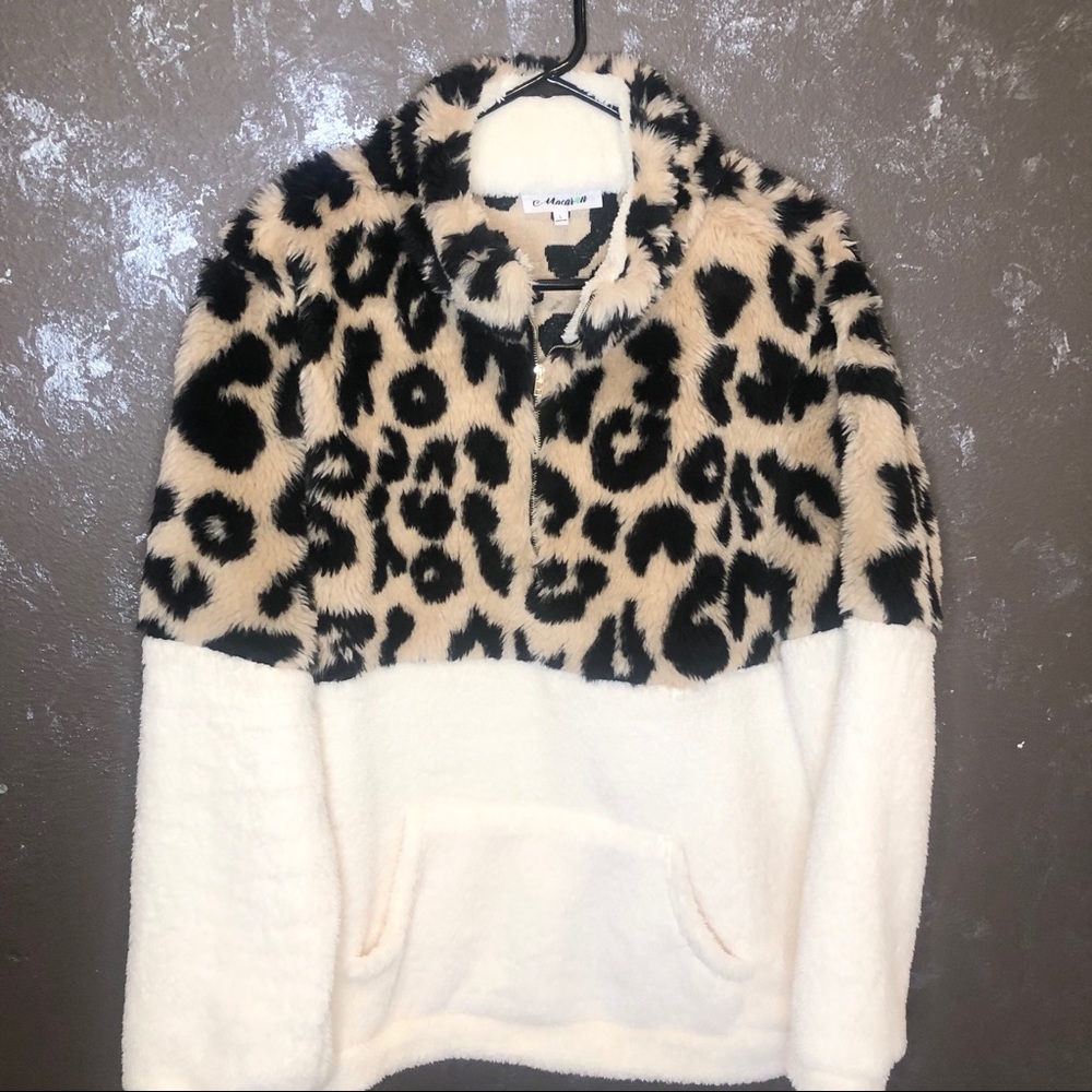 Leopard Half Zip Sherpa Fleece LongSleeve Jacket